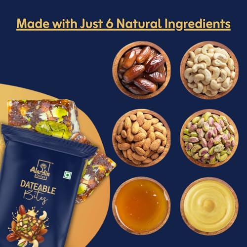 Image of Aladdin Dates Dateable Bites 20g | Dry Fruit Bites | Made with Pure Ghee, Honey, Pista, Cashew & Almonds | No Added Sugar | Healthy Nutty Energy Snack | Gluten-Free & Preservative-Free
