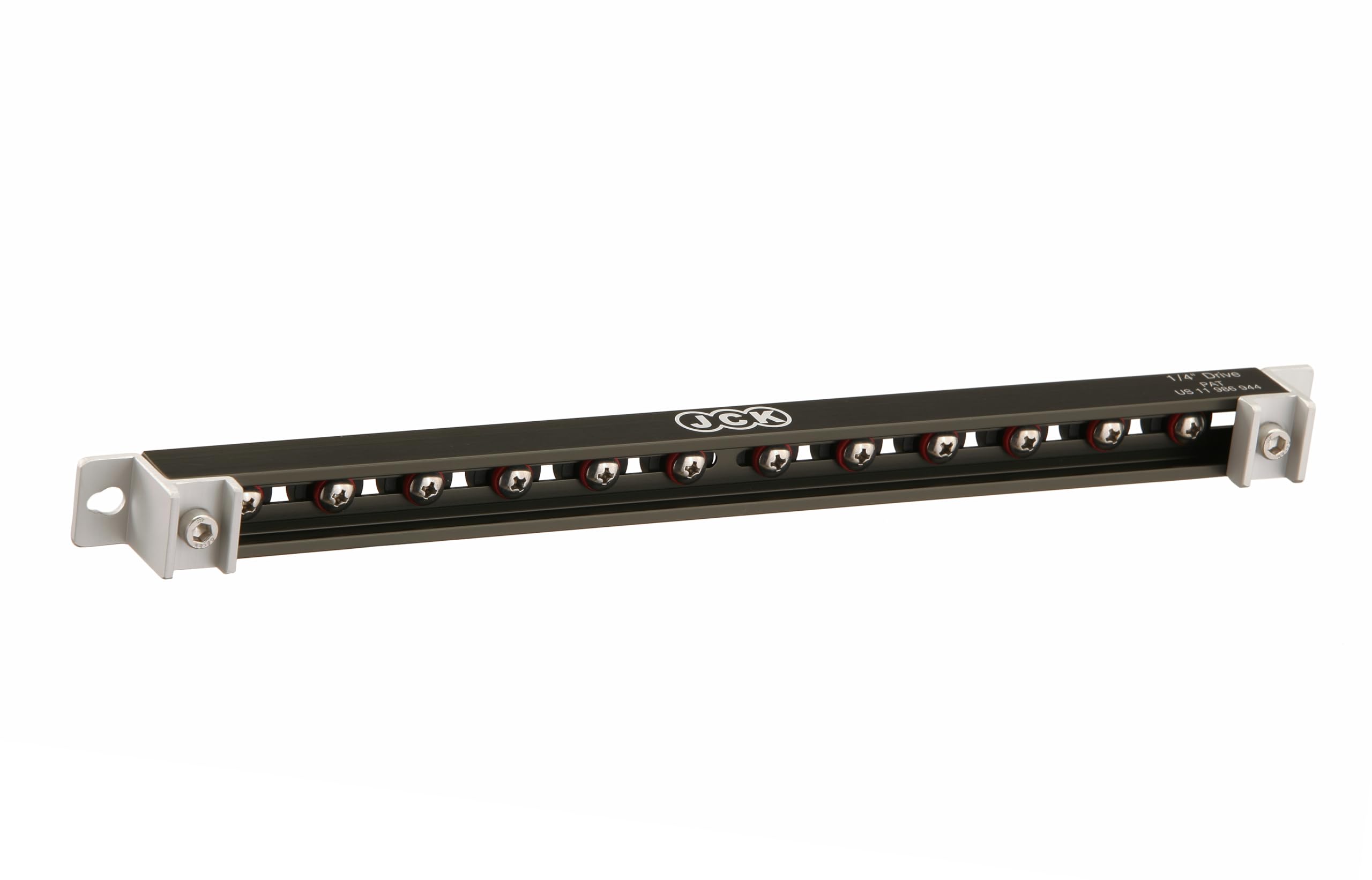 JCK Bandeja de aluminio de 1/4 pulgadas, organizador de herramientas giratorio de 360° para caja de herramientas, colgar en la pared, calidad premium y ligera, 12 clips, serie de tornillos de latón