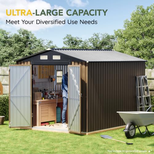 Image of Breezz 10X8FT Outdoor Steel Storage Shed with Clear Window, Lockable Doors, Frame Floor,Weather-Resistant Metal Tool Shed for Garden, Backyard, Patio, and Utility Storage Brown