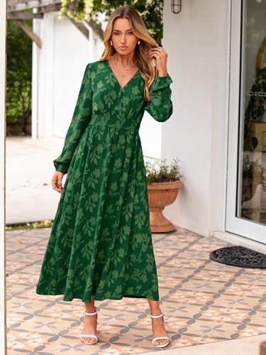 Image of Simplee Womens Boho Floral Long Sleeve Maxi Dress V Neck Empire Waist Fall Wedding Guest Dresses with Pockets