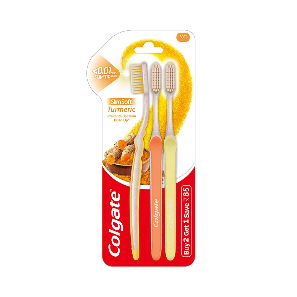 Colgate SlimSoft Turmeric Soft Bristles Manual Toothbrush for adults, 3 Pcs (Buy2 Get1), Soft Bristles for Healthier Gums, Multicolor