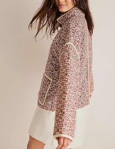 HangNiFang Women's Cropped Puffer Quilted Jacket Oversized Floral Printed Cardigan Winter Coat2