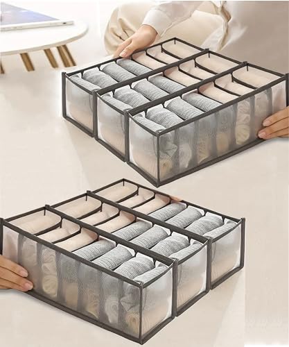 Image of atorakushon Mesh 6 Pack Closet Socks Organizer Drawer Divider, 7 Cell Collapsible Closet Cabinet Organizer Underwear Clothing Storage Boxes For Storing Socks, Lingerie, Underwear - Grey