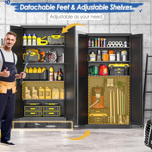 Image of GAIOUS 71 inch Tall Metal Storage Cabinet with 2 Doors and 4 Adjustable Shelves, Kitchen Pantry Cabinet Black Freestanding Cupboard, 5 Tier Multifunctional Steel Storage for Office, Kitchen, Dining Room
