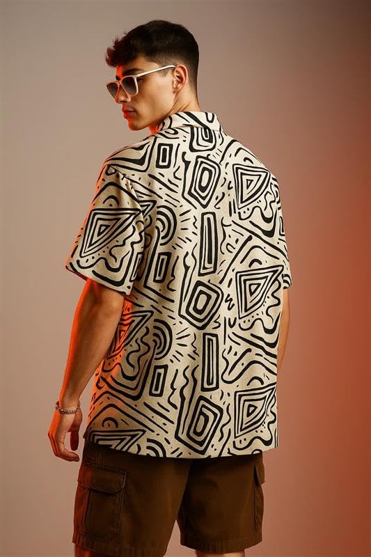 Image of Veirdo Poly Cotton Oversized Loose Baggy Fit Drop Shoulder Cool and Stylish Abstract Print Men Camp Collar Shirt