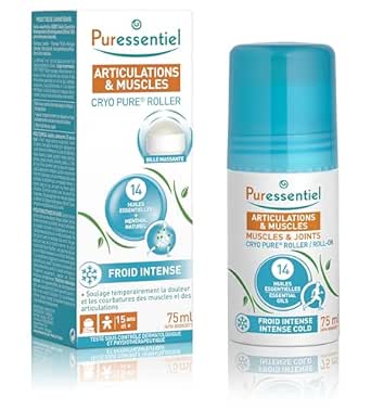PURESSENTIEL - Muscles &amp; Joints Cryopure Roll-on with 14 essential oils &amp; natural menthol - Tested by dermatologists and physiotherapists - 75ml