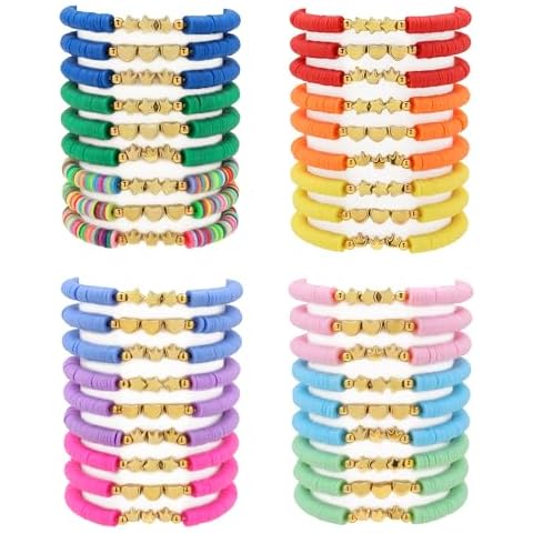 Asivsa 36 Pcs Preppy Friendship Bracelets for Teen Girls Heishi Cute Clay Beads Bracelets Bulk Colorful Heart Star Crown Friendship Surfer Bracelets Things Jewelry Gifts for Girls Cover