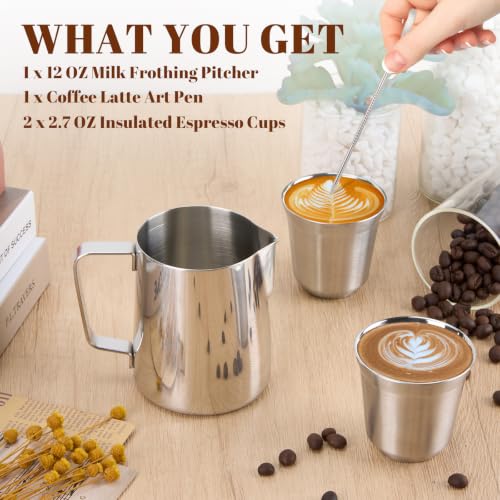 Image of Amrules 12oz Milk Frothing Pitcher & 2-Pack 2.7oz Double Wall Espresso Cups