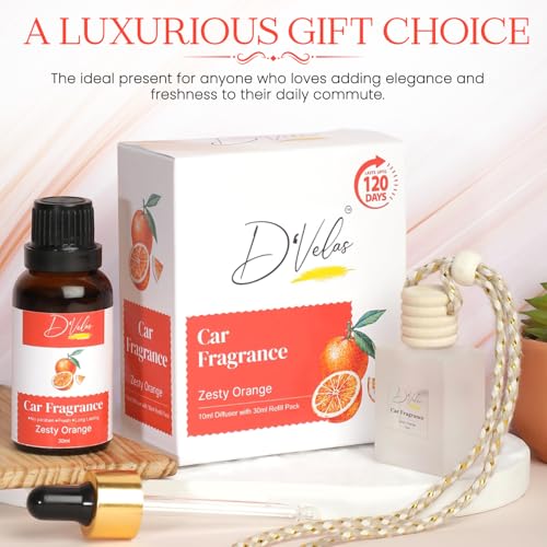 Image of D'Velas 40 Ml Car Fragrance Diffuser Set Long-Lasting Upto 120 Days | Zesty Orange | No Paraben | 10 Ml Wooden Lid Bottle with 30 Ml Refill | Perfume Diffuser | Odor Eliminator for Car Interior