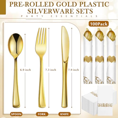 100 Pack Pre Rolled Gold Plastic Silverware Sets Wrapped Disposable Silverware with Heart Napkin Ring Forks Knives Spoons Gold Trim Napkins for Grad Wedding Birthday Baby Shower Party - Image 3
