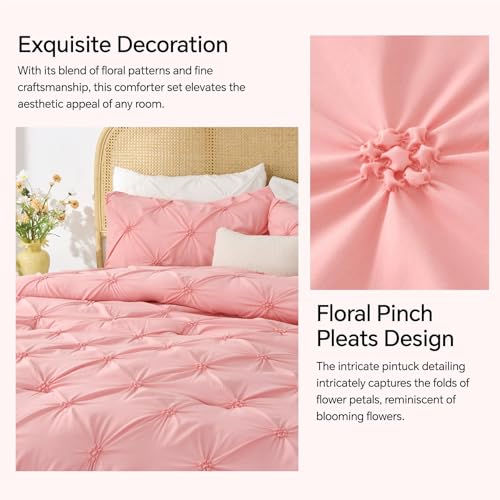 Image of BEDELITE Full Comforter Set Pink,Lightweight & Soft Comforter | Pintuck Boho Bedding, Warm & Cute Bed Set for All Season,With 2 Pillowcases