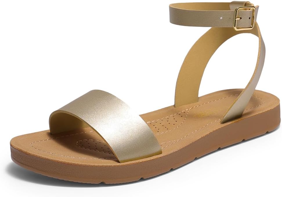 DREAM PAIRS Women’s One Band Ankle Strap Buckle Flat Sandals