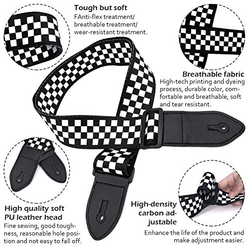N/C Sangle de guitare, bandoulière de guitare en damier avec extrémité en cuir véritable avec corde à cravate (Capo de… - Les Beatles, Paul McCartney, John Lennon, RIngo Starr, George Harrison N/C Sangle de guitare, bandoulière de guitare en damier avec extrémité en cuir véritable avec corde à cravate (Capo de… – Image 4