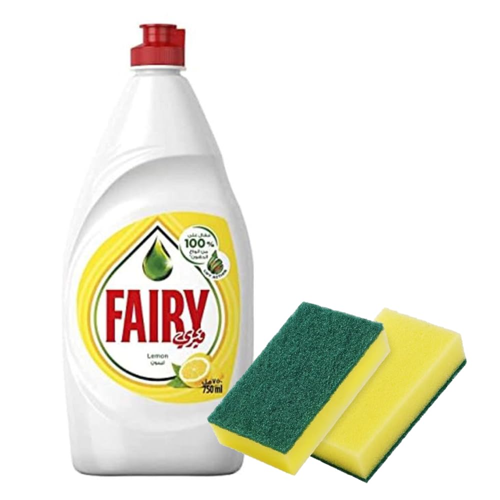 Fairy Lemon Dishwashing Liquid, 600ml with 1 pcs Kitchen Sponges free