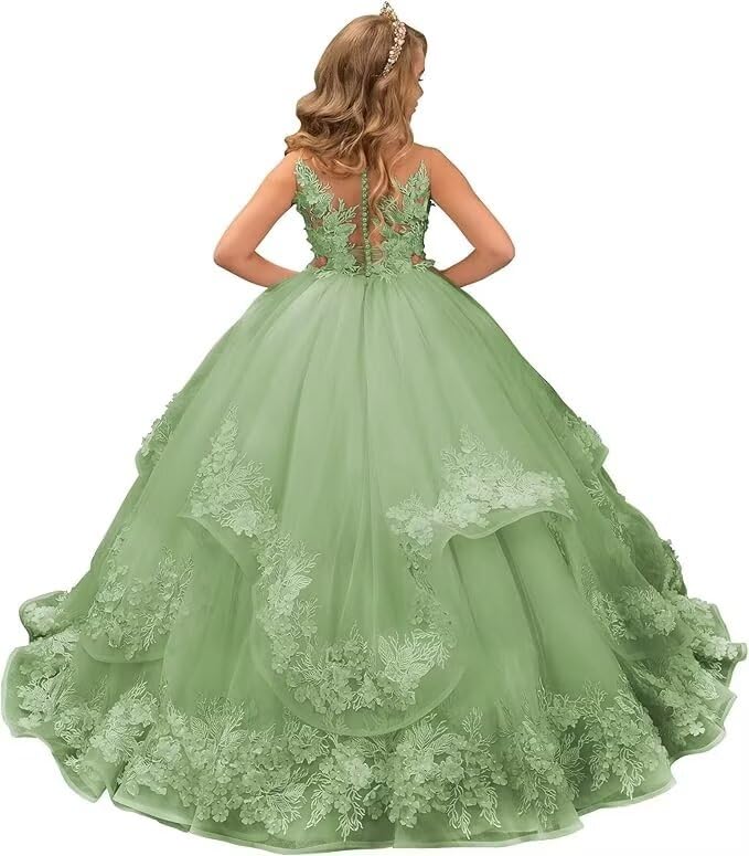 Flower Girl Dresses for Wedding Lace Appliques Puffy Tulle Princess A Line First Communion Dress for Girls Ball Gown