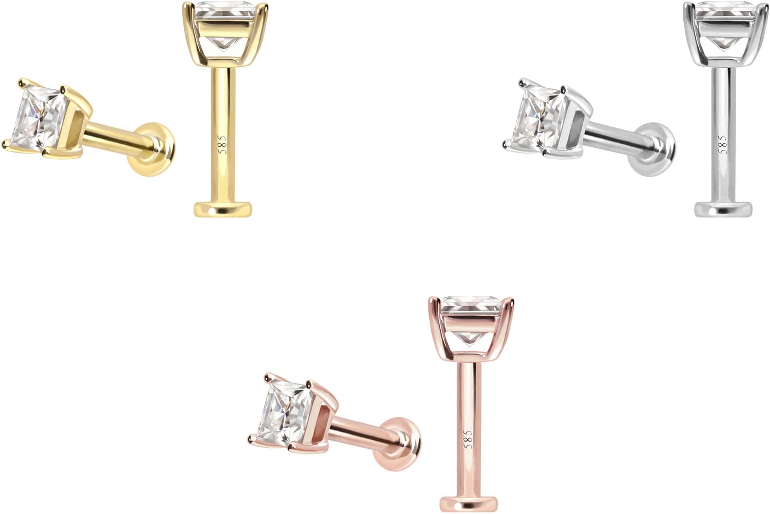 PIERCINGLINE Piercing Stecker 14 Gold Labret mit Innengewinde MOISSANIT-QUADRAT 585er Gold - Roségoldfarben, Goldfarben, Silberfarben