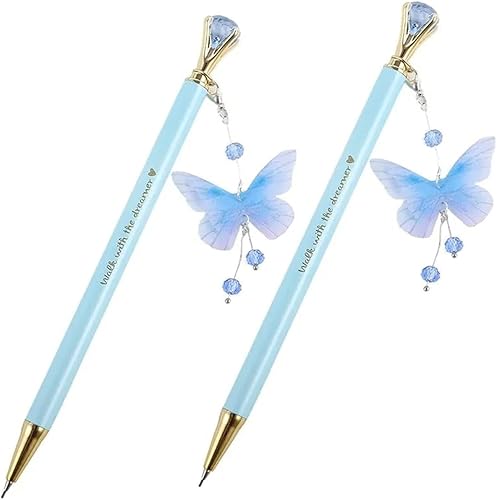 ZEHO 2 lápices mecánicos de metal de 0.028 in con parte superior de diamante de cristal, lindo lápiz automático para niñas, mariposa (color al