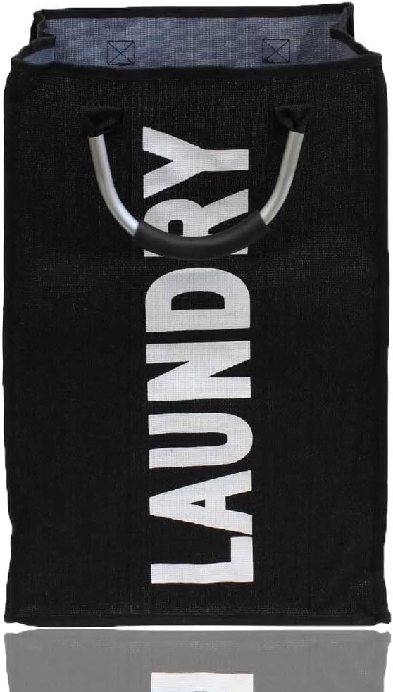 AAMEN Single Laundry Bag - Fabric Laundry Basket With Aluminum Handle - Foldable, Large, Portable Storage Bin With Carry Handles (Black)
