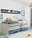 Dmora Struttura Secondo Letto Estraibile con cassettone e Una mensola Coordinata a Muro, Colore Bianco Effetto Legno Chiaro e Azzurro, cm 199 x 65 x 95