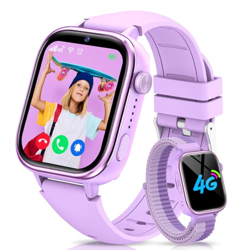 RUXINGX Reloj Inteligente Niño 4G, Smartwatch Niños GPS y Llamadas, SOS/Modo Clase/Chat de Voz/Videollamada, IP68 Impermeable, Álbum de Fotos/Podómetro/Despertador, Reloj Smartwatch para Niños Violeta
