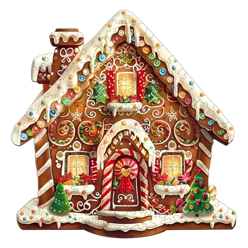 Jollitot Wooden Christmas Puzzles Adults, Christmas Gingerbread House Wooden Puzzles 250 Pieces, Unique Animal Shaped Wood Challenging Jigsaw Puzzles Gifts for Adults, 13.4x13.2in