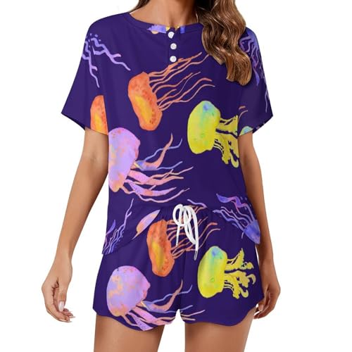 Pyjama femme manches courtes imprimé coloré vêtement de nuit ete
