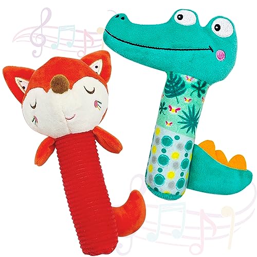Image of GIKOP Soft Baby Rattle Toys for 0 3 6 9 Month, Plush Crocodiles & Foxes Stuffed Animal Rattle, Infant Toy for Baby Rattle Plush (2 Pcs)