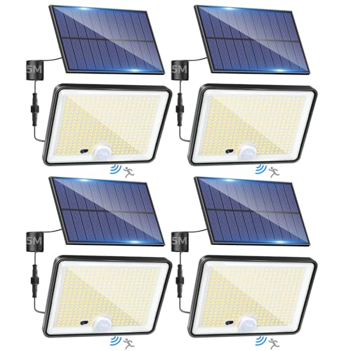 LOTMOS 4 Paquete Luz Solar Exterior Jardin, 342LED/Mando a Distancia Focos Led Exterior Solares Sensor De Movimiento, IP65 Impermeable Lampara Solar, 3 Modos Luces Solares Led Jardin, Garajes