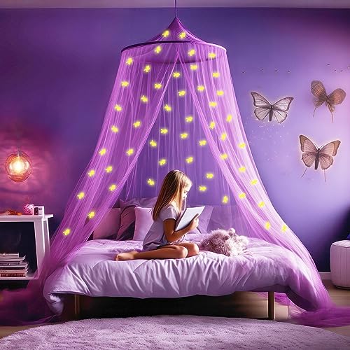 Lit à baldaquin Violet pour filles avec pré-collés luisant dans les licornes sombres - Décor de chambre en moustiquaire Princesse