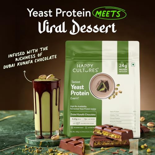 Image of Happy Cultures Dubai Kunafa Chocolate Fermented Yeast Protein Isolate 505g | 24g Protein| PDCAAS of 1 | Higher Absorption| Superior Muscle Recovery | Gut Friendly & Super Tasty | No Added Sugar