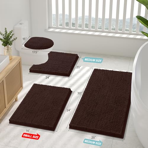Smiry Luxury Chenille Toilet Rugs U-Shaped 24x20, Soft Absorbent Non-Slip Contour Bathroom Rugs for Toilet, Machine Washable Contoured Bath Mats, Brown