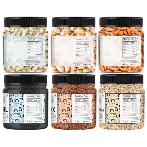 Image of LILA DRY FRUITS Nuts & Seeds Combo Pack - Almonds, Pista, Cashew, Sunflower Seed, Flax Seeds & Basil Seed 100 Gms x 6 | Healthy Snack Mix for Daily Nutrition Perfect for Gifting