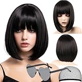 VCAY Black Bob Wig with Bangs, 12 Inch Straight Short Bob Wig, Natural Looking,Heat Resistant Synthetic,Adjustable Straps Wigs for Women Daily Wear and Party,with Wig Caps