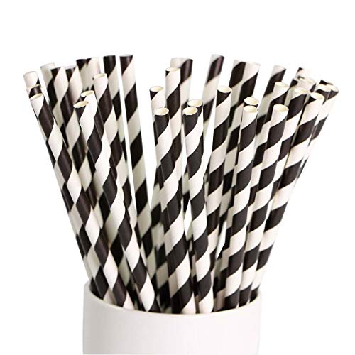 Shuiniba Biodegradable Striped Paper Straws Paper Drinking Straws for Party Events and Crafts Baby Shower Decorations 7.75 Inches Black White Striped - 100 Packs