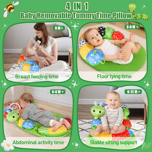 Charmofun Tummy Time Toys Spielkissen, 3 in 1 Bauchlage Spielzeug Baby, Abnehmbar Raupe für Baby, Bauchlage Helfen Sitzen Stützen Babyspielzeug 3 6 9 Monate mit Rassel, Beißring, Spiegel