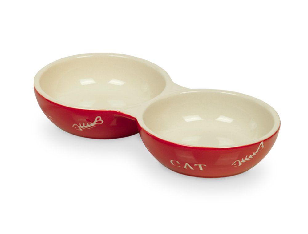 Nobby Ceramic Cat Double Bowl, 22 x 22 0.25 cm, Red/ Beige