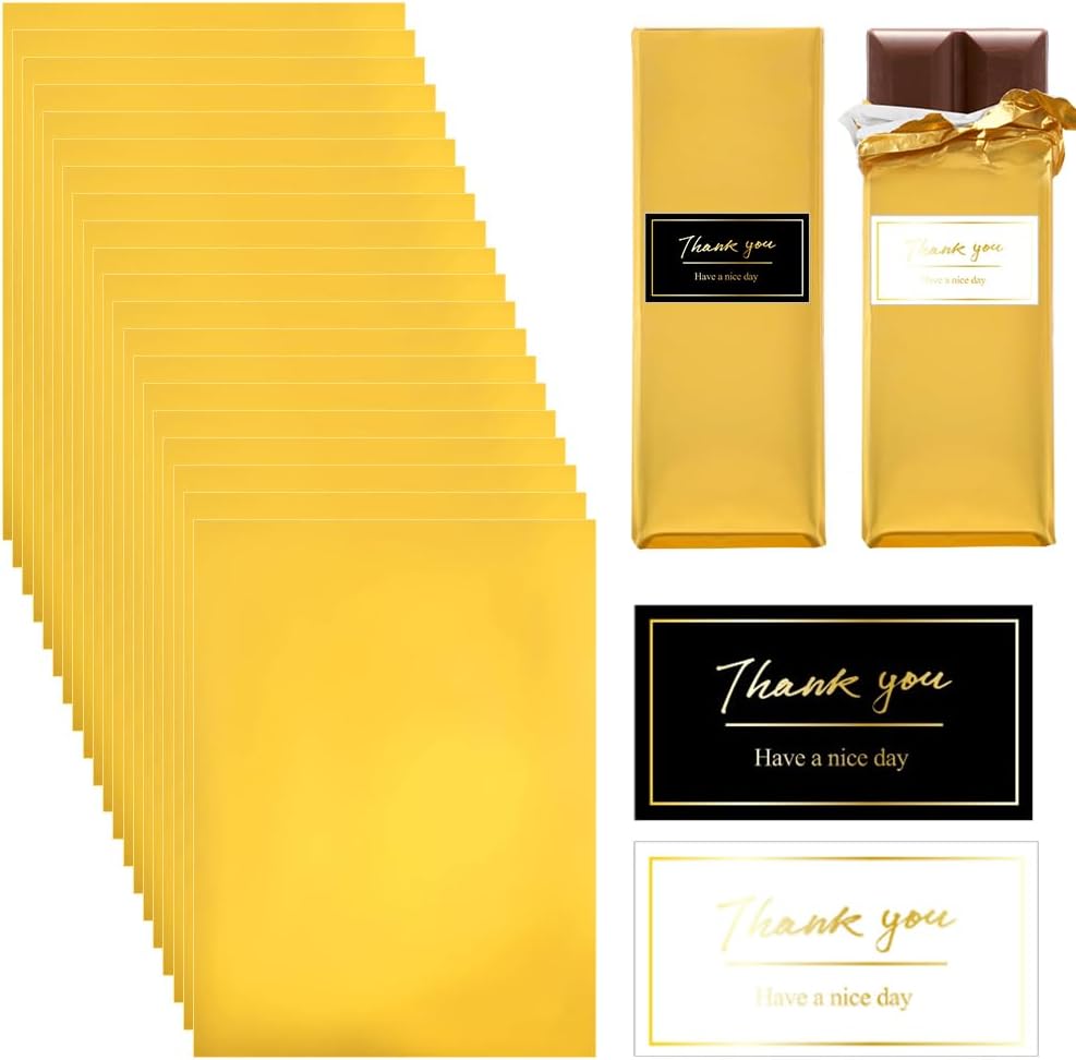 100 PCS Chocolate Bar Foil Wrappers, 11 x 7.9 Inch Aluminum Foil Candy Wrappers with 120PCS Thank You Stickers, Chocolate Bar Packaging Papers for Gift Wrapping, Gold