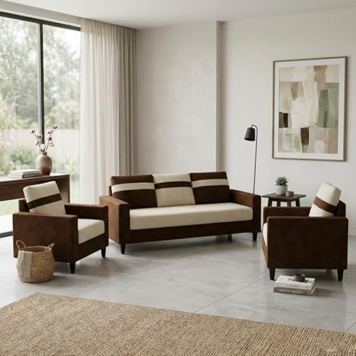 Image of Hakuna Plush Velvet 3 Seater + 1 Seater + 1 Seater Sofa Set | Silken Velvet Upholstery | Golden Legs | Designer Set for Living Room & Office Spaces (Dark Brown - Cream)