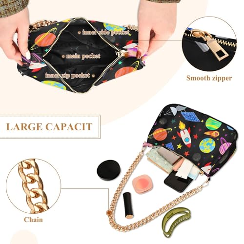 Cute Cartoon Rockets Black Medium Handbag Tote Womens Lady One Shoulder Bag Zipper Small Hobo Purse with Chain Strap4