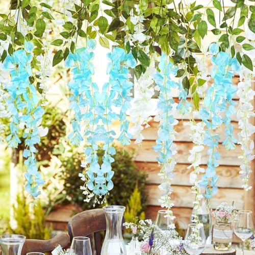 Image of SATYAM KRAFT 6 Pcs (43.2 inch) Artificial Wisteria Vine Garland | Long Silk Hanging Flowers String for Wedding Decoration Items, Mandap, Christmas Party, Festival Event & Home Decor (Sky Blue)