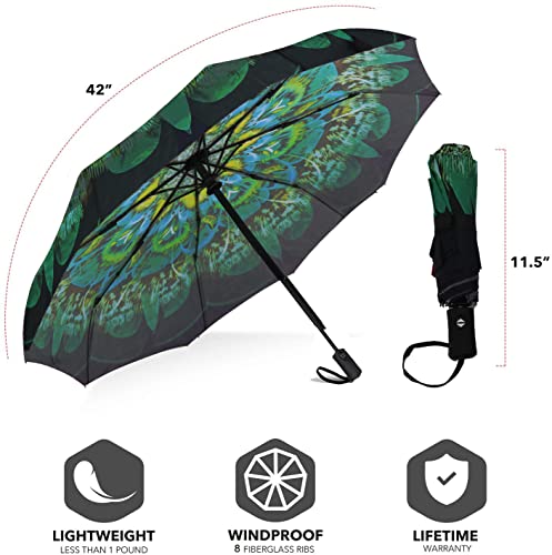 Image of SIEPASA Windproof Travel Compact Umbrella-Automatic Umbrellas for Rain- Folding Umbrella, Travel Umbrella Compact, Small Portable Windproof Umbrellas for Men Women Teenage. (Green Peacock)
