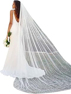 Pearl Wedding Veils Flower Cathedral Bridal Veil 118’’ Veils for Brides 1 Tier Fingertip Length Drop Veil Hair Comb (Cathedral Length:300 * 150cm/118 * 59in, White-C)