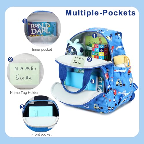 Image of Bluboon Toddler Backpack for Girls Boys 2-4 Cute 12 inch Preschool Kindergarten Backpacks Kids Daycare Bags School Travel (Engineering vehicle - sky blue, Age 2-4 (12 inch H not Fit A4 Folder))