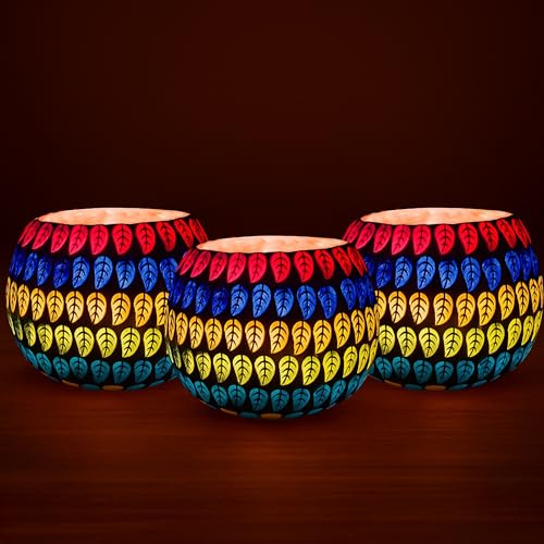 Image of Floryn Decor Morrocan Mosaic Candle Holders | Home Light Decorations Items | Mosaic Glass Tealight Holder | Best lamp for Diwali Decoration | Pack of 3 (with 3 Tealight Candle Free)