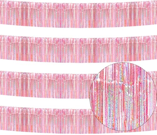 Image of 4 Pack Iridescent Pink Total 40 Feet Foil Fringe Garland Metallic Tinsel Banner Wall Hanging Drapes Parade Float Skirting Decorations for Trailer Mardi Gras Party Birthday Wedding