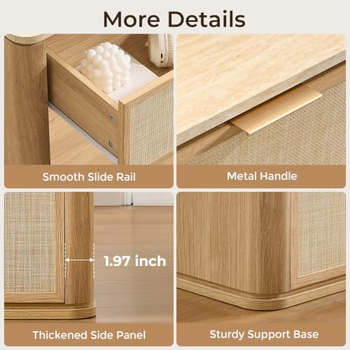 Image of Night Stand, 23.11 inch W Rattan Nightstand with 2 Drawers, Faux Marble Top Bedside Table, Boho Mid Century End Table for Bedroom Living Room Sofa Office, Natural Oak [FSC Certified]