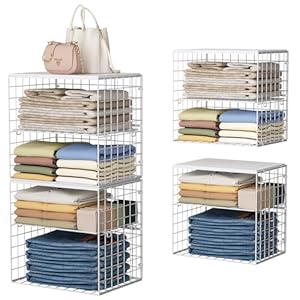 4-Tier Stackable Closet Organizers and Storage Shelves, Closet Storage Basket with Wood Tops, Adjustable Height Dividers Closet Storage Bins for Home Closet Organizer System, White
