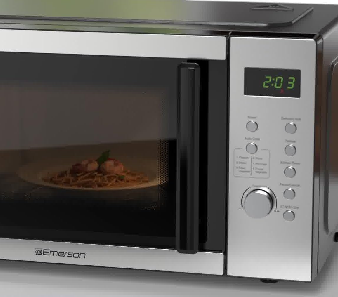 MW9005SS - Horno microondas compacto para encimera con control de botón, pantalla LED, 900 W, 5 niveles de potencia, 6 menús automáticos, plato giratorio de vidrio y cerradura segura para 6