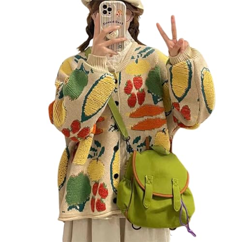 Women Flower Fruit Embroidery Sweater Button Down Oversized Cardigan Knitted Long Sleeve Winter Top Knitwear