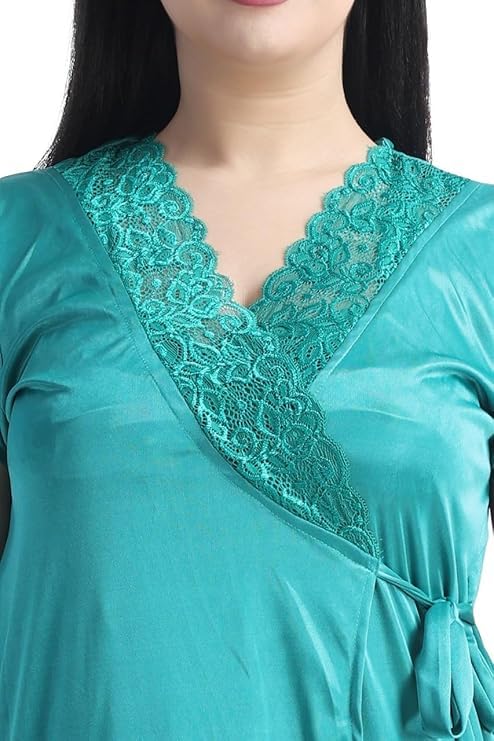 Image of Satin 6 Piece Nightwear Set, Coral Pink Lace Trim Sleepwear with Robe, Nighty, Top, Shorts, Lingerie Set for Women, Summer Collection-Mehndi Green.